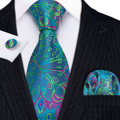 Blue Green Floral Tie, Pocket Square and Cufflinks Set tie sets - Sophisticated Gentlemen