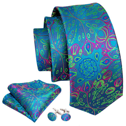 Blue Green Floral Tie, Pocket Square and Cufflinks Set tie sets - Sophisticated Gentlemen