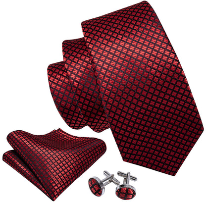 Red Black Plaid Tie, Pocket Square and Cufflinks Set tie sets    - Sophisticated Gentlemen