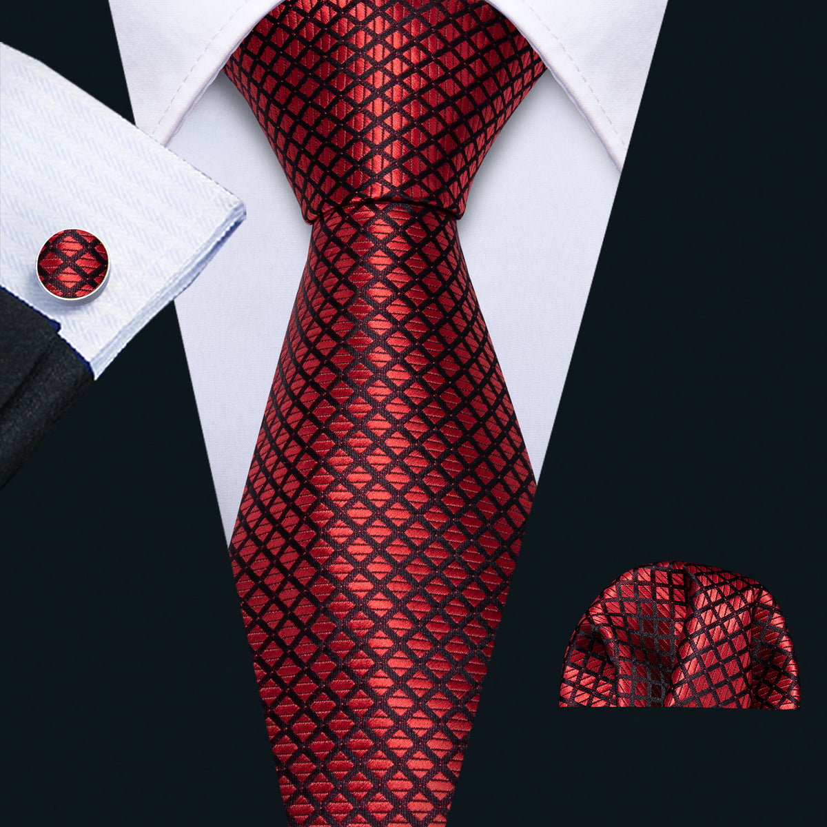 Red Black Plaid Tie, Pocket Square and Cufflinks Set tie sets    - Sophisticated Gentlemen