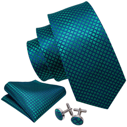 Checkered Teal Blue Plaid Tie, Pocket Square and Cufflinks Set tie sets    - Sophisticated Gentlemen
