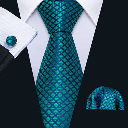 Checkered Teal Blue Plaid Tie, Pocket Square and Cufflinks Set tie sets    - Sophisticated Gentlemen
