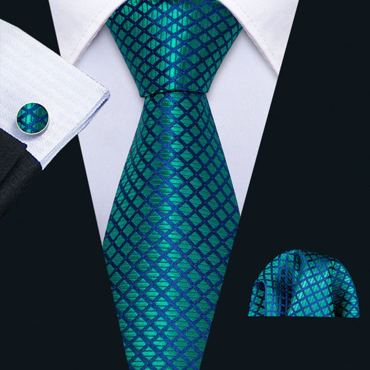 Checkered Teal Blue Plaid Tie, Pocket Square and Cufflinks Set tie sets    - Sophisticated Gentlemen