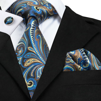 Brown Blue Floral Tie, Pocket Square and Cufflinks Set tie sets    - Sophisticated Gentlemen
