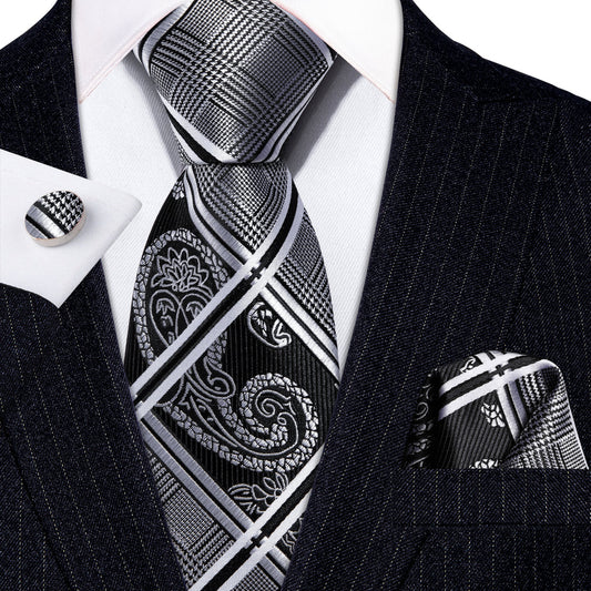 Black and Gray Plaid Tie, Pocket Square and Cufflinks Set tie sets - Sophisticated Gentlemen