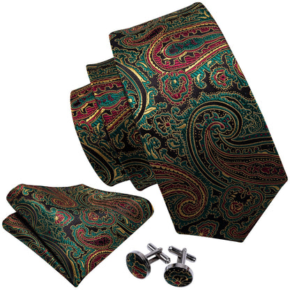 Olive Green & Bronze Paisley Silk Tie, Pocket Square & Cufflinks Set tie sets - Sophisticated Gentlemen