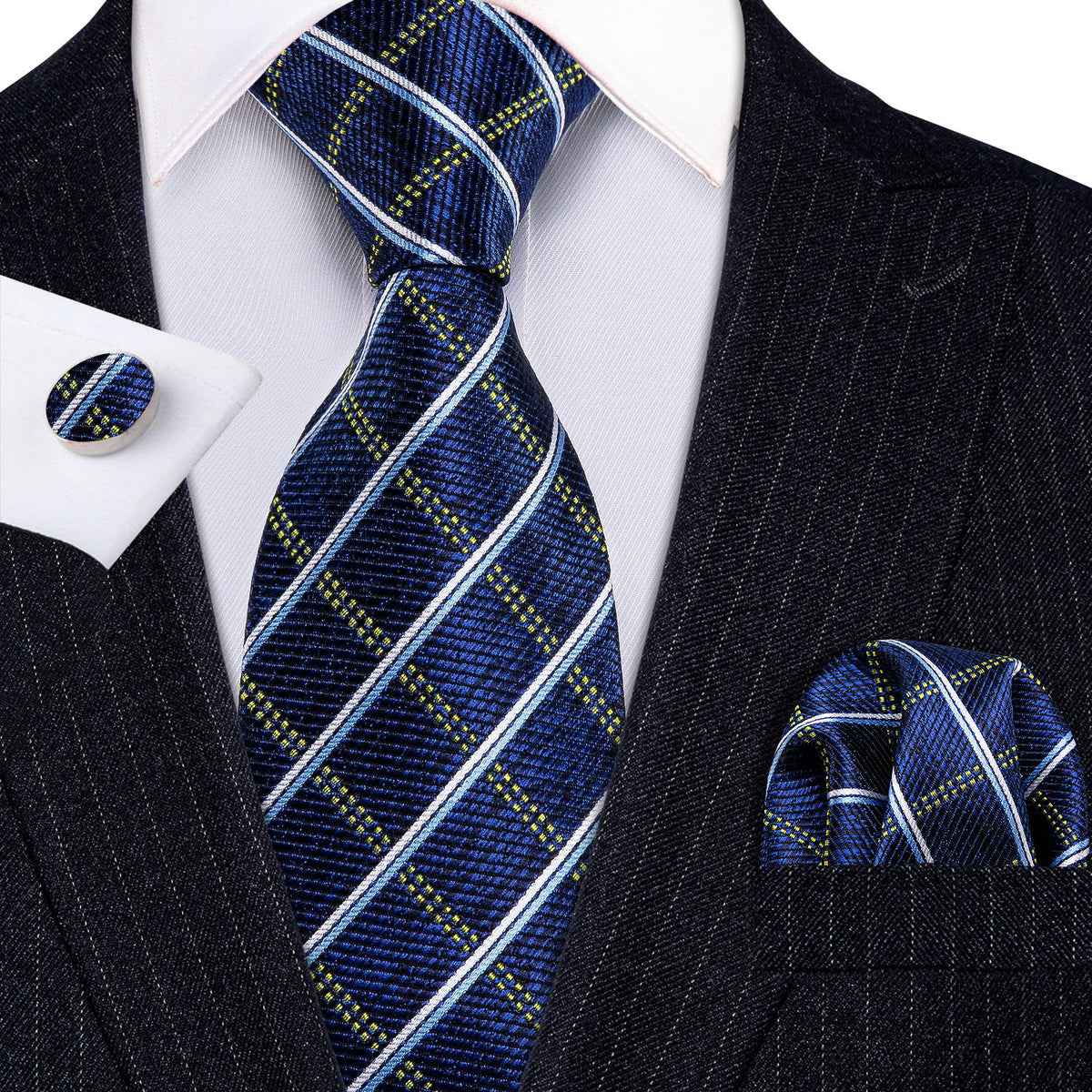 Royal Blue Plaid Tie, Pocket Square and Cufflinks Set tie sets    - Sophisticated Gentlemen
