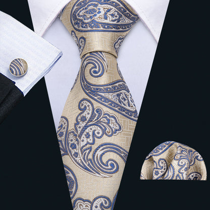 Yellow Blue Paisley Silk Tie, Pocket Square and Cufflinks Set tie sets    - Sophisticated Gentlemen
