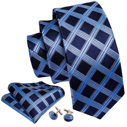Dark Blue Sky Blue Checkered Tie, Pocket Square and Cufflinks Set tie sets    - Sophisticated Gentlemen