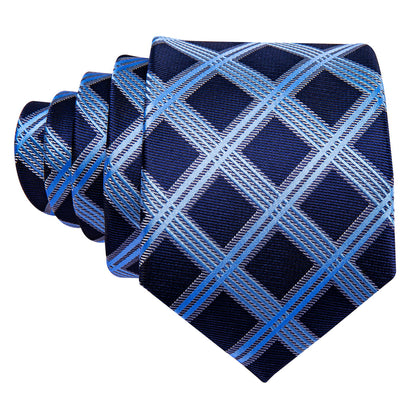 Dark Blue Sky Blue Checkered Tie, Pocket Square and Cufflinks Set tie sets    - Sophisticated Gentlemen