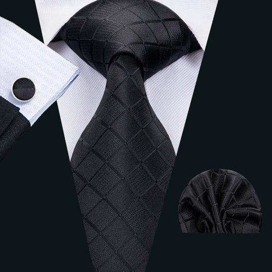 Pure and Black Plaid Silk XL Tie, Pocket Square and Cufflinks tie sets    - Sophisticated Gentlemen