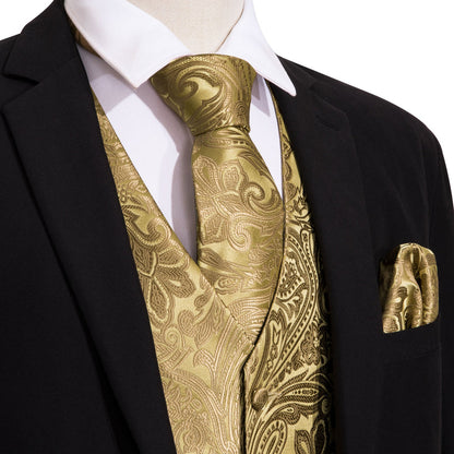 Floral Golden Silk Vest Set vest set S (Chest 40")   - Sophisticated Gentlemen