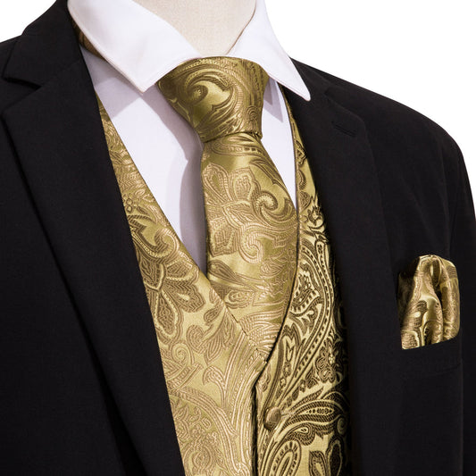 Floral Golden Silk Vest Set vest set S (Chest 40")   - Sophisticated Gentlemen