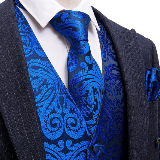 Blue Paisley Silk Vest Set vest set S (Chest 40)   - Sophisticated Gentlemen