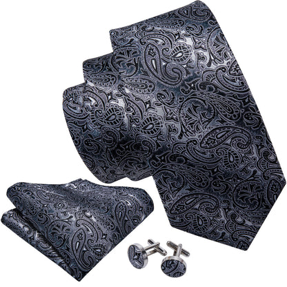 Black Gray Paisley Silk Tie, Pocket Square and Cufflinks Set tie sets    - Sophisticated Gentlemen
