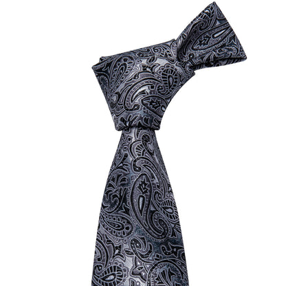 Black Gray Paisley Silk Tie, Pocket Square and Cufflinks Set tie sets    - Sophisticated Gentlemen