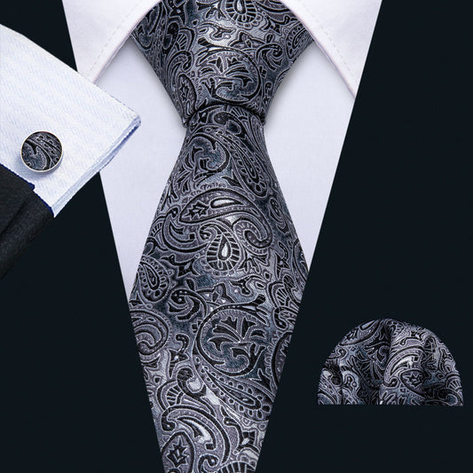 Black Gray Paisley Silk Tie, Pocket Square and Cufflinks Set tie sets    - Sophisticated Gentlemen