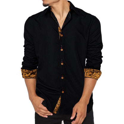 Black Shirt With Gold Paisley Accent shirt    - Sophisticated Gentlemen