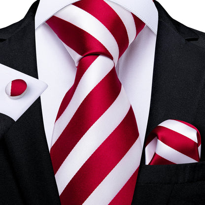 Red & White Striped Silk Tie, Pocket Square & Cufflinks Set tie sets - Sophisticated Gentlemen
