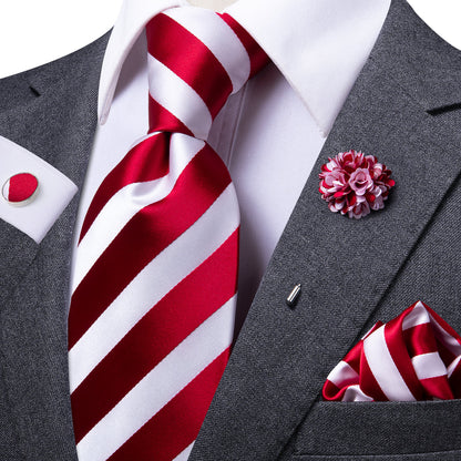 Red & White Striped Silk Tie, Pocket Square & Cufflinks Set tie sets - Sophisticated Gentlemen