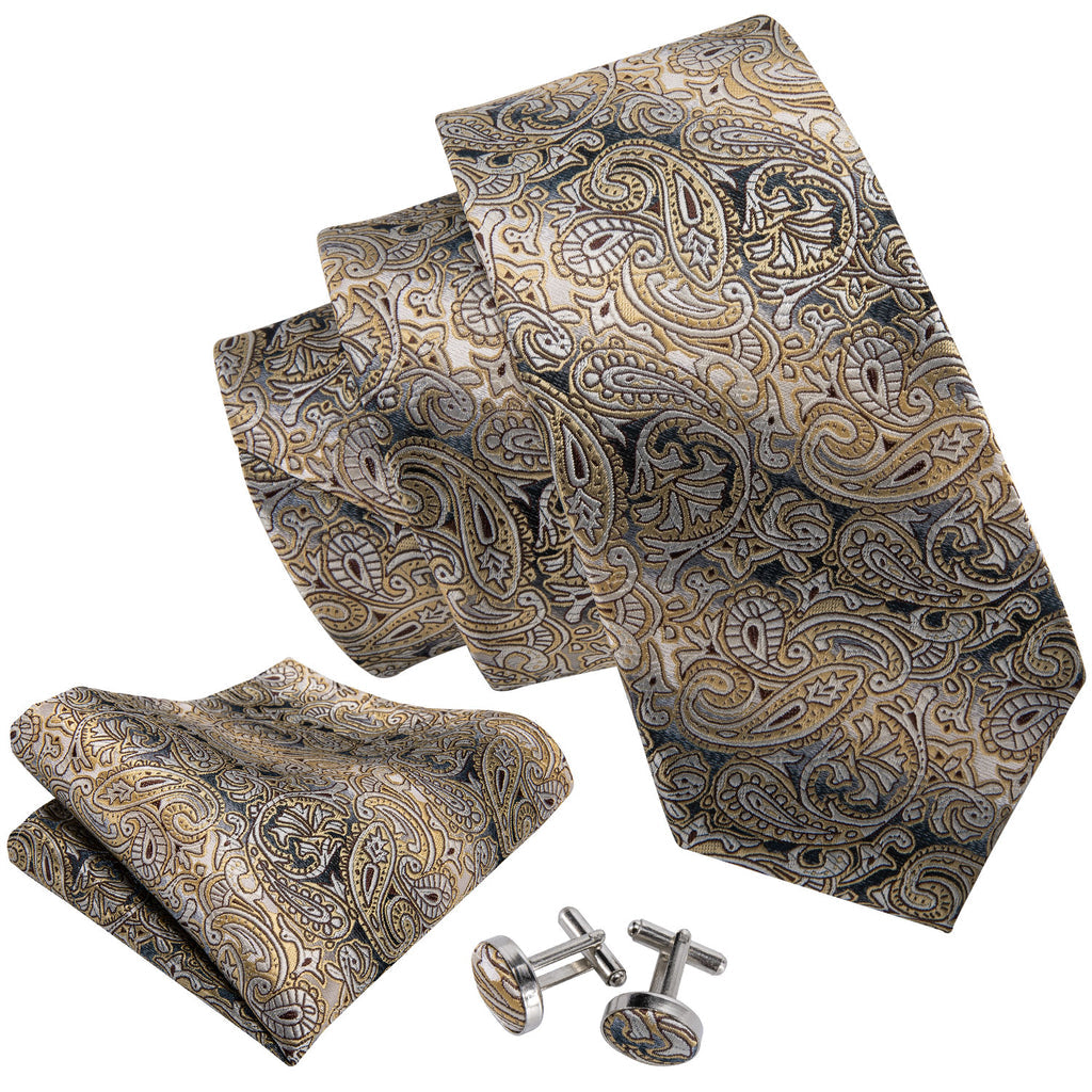 Yellow Gray Paisley Tie, Pocket Square and Cufflinks Set tie sets    - Sophisticated Gentlemen