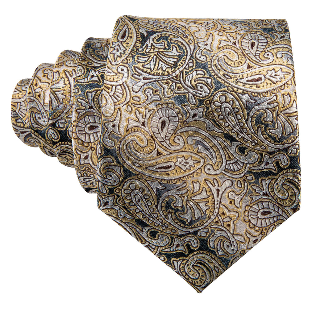 Yellow Gray Paisley Tie, Pocket Square and Cufflinks Set tie sets    - Sophisticated Gentlemen