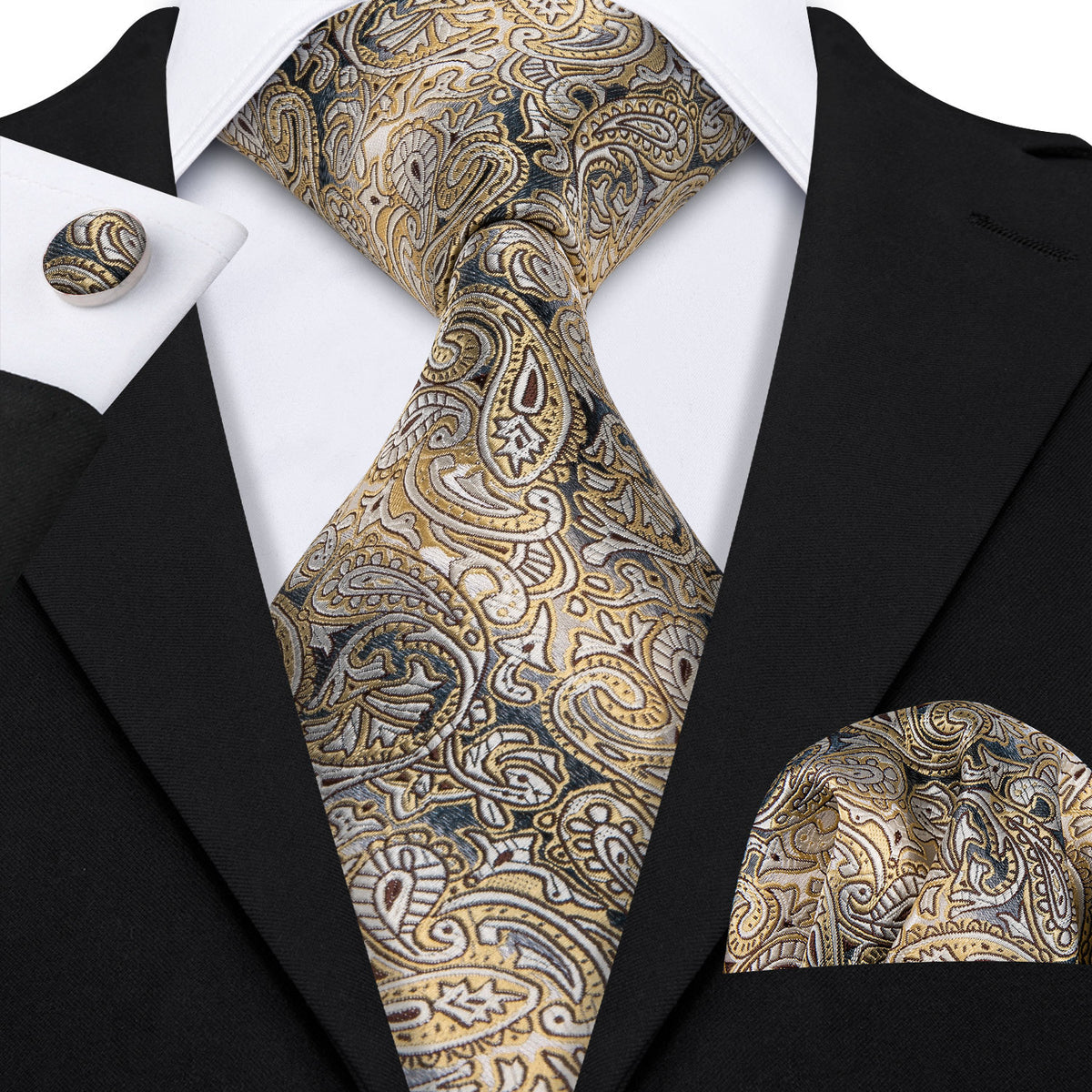 Yellow Gray Paisley Tie, Pocket Square and Cufflinks Set tie sets    - Sophisticated Gentlemen