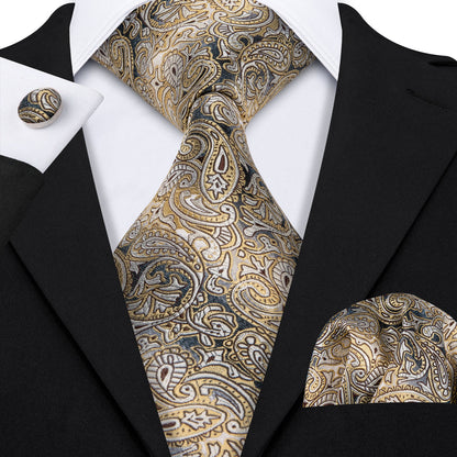 Yellow Gray Paisley Tie, Pocket Square and Cufflinks Set tie sets    - Sophisticated Gentlemen