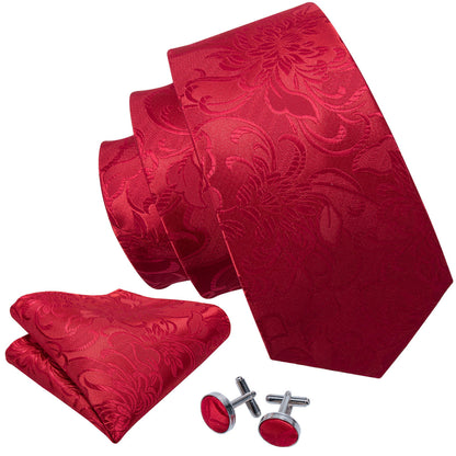 Wedding Red Floral Tie, Pocket Square and Cufflinks Set tie sets    - Sophisticated Gentlemen