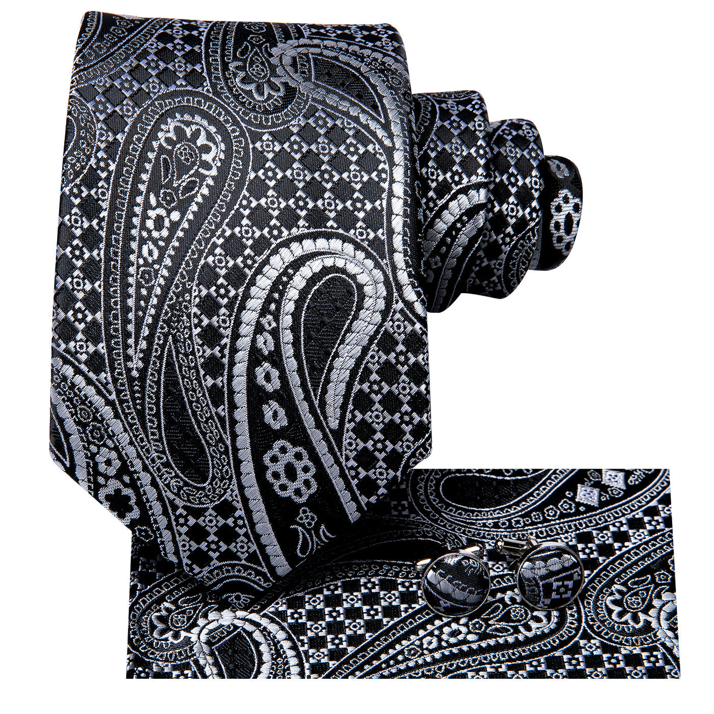 Black & Silver Paisley Silk Tie Set with Pocket Square and Cufflinks tie sets - Sophisticated Gentlemen