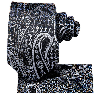 Black & Silver Paisley Silk Tie Set with Pocket Square and Cufflinks tie sets - Sophisticated Gentlemen