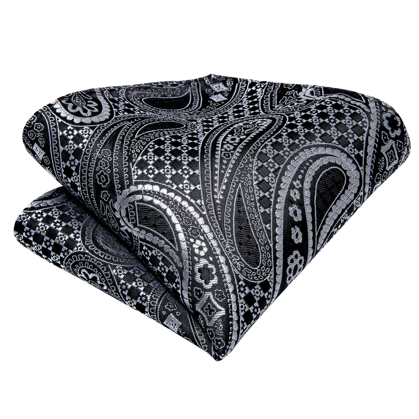 Black & Silver Paisley Silk Tie Set with Pocket Square and Cufflinks tie sets - Sophisticated Gentlemen