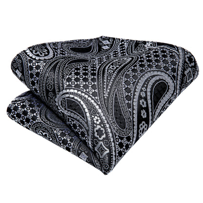 Black & Silver Paisley Silk Tie Set with Pocket Square and Cufflinks tie sets - Sophisticated Gentlemen