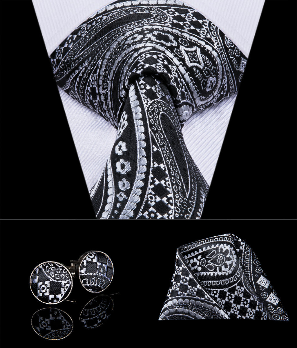 Black & Silver Paisley Silk Tie Set with Pocket Square and Cufflinks tie sets - Sophisticated Gentlemen