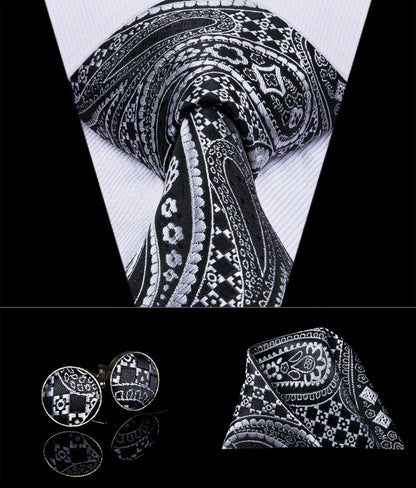 Black & Silver Paisley Silk Tie Set with Pocket Square and Cufflinks tie sets - Sophisticated Gentlemen