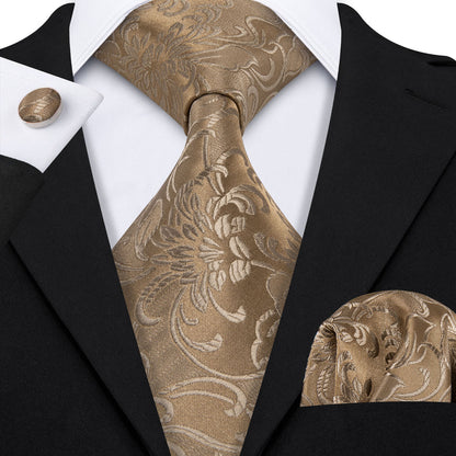 Champagne Gold Floral Silk Tie, Pocket Square & Cufflinks Set tie sets - Sophisticated Gentlemen