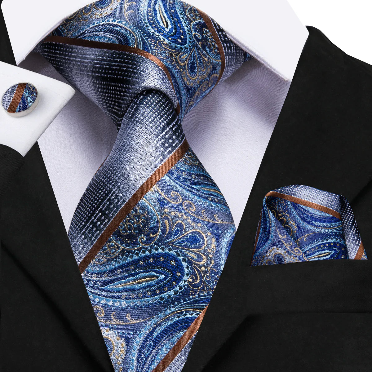 blue silver paisley silk tie with brown accents worn with suit elegant mens formal style