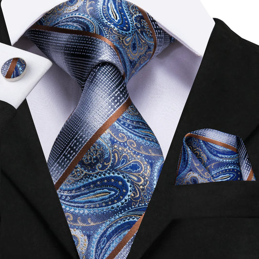 blue silver paisley silk tie with brown accents worn with suit elegant mens formal style