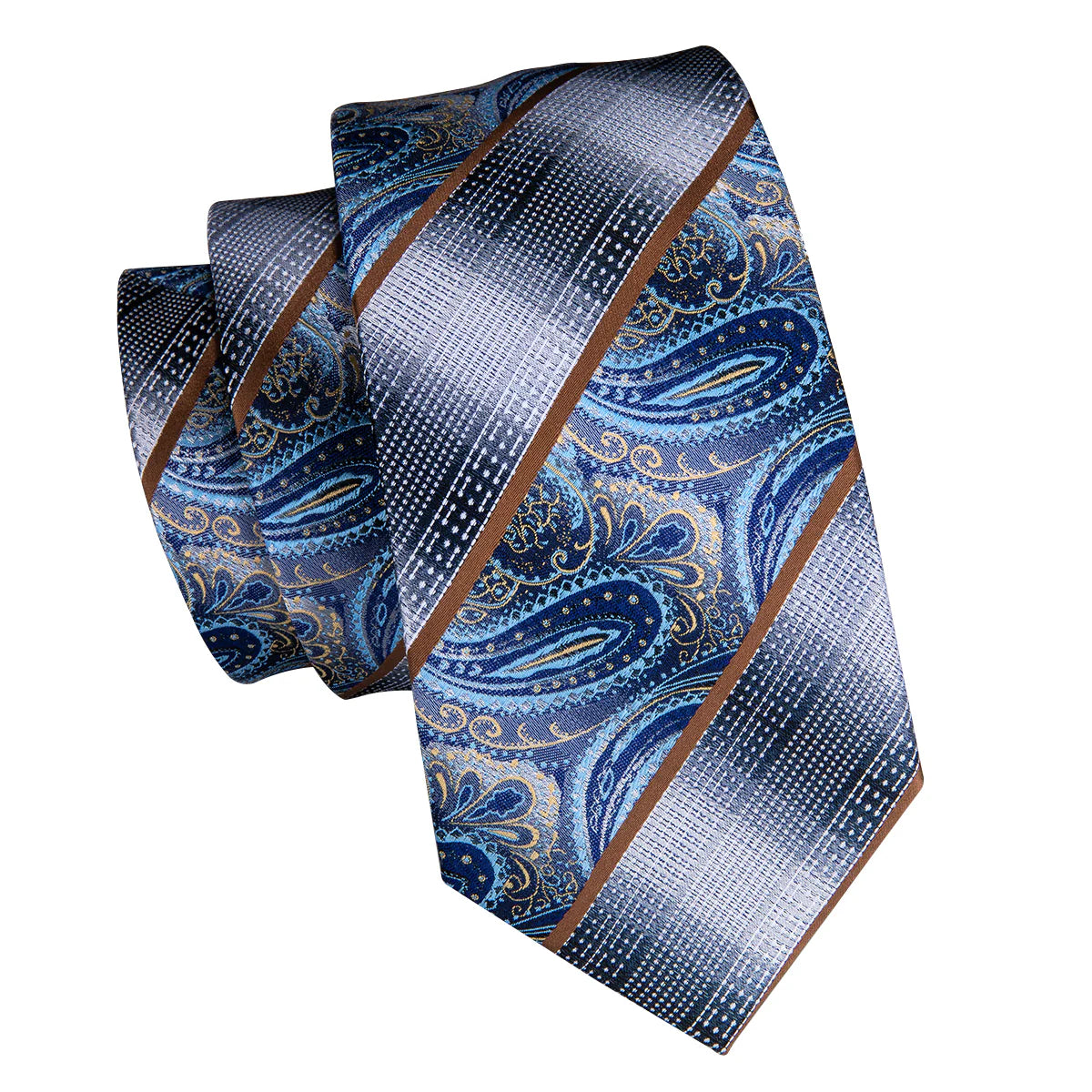 blue and silver paisley silk tie with brown stripe accents premium mens necktie
