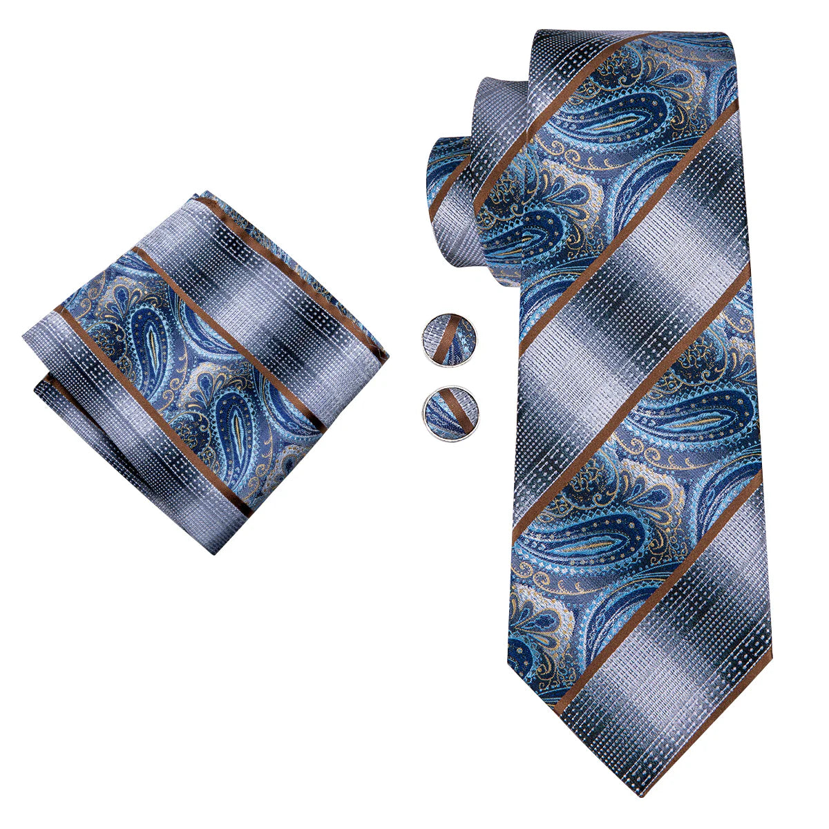 blue paisley silk tie set with pocket square and cufflinks luxury mens accessory