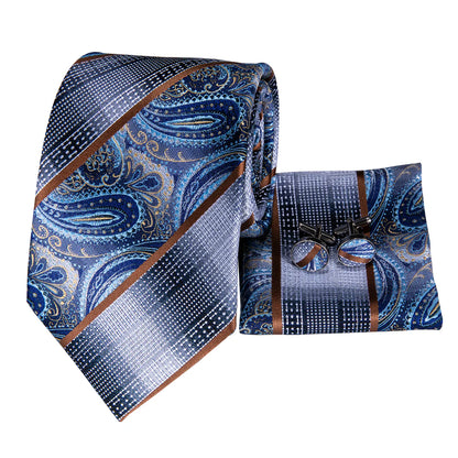 blue silver paisley tie with matching pocket square and cufflinks detailed luxury pattern