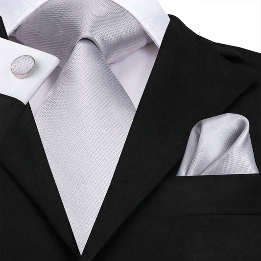 Silver Gray Solid Silk XL Tie, Pocket Square and Cufflinks tie sets    - Sophisticated Gentlemen