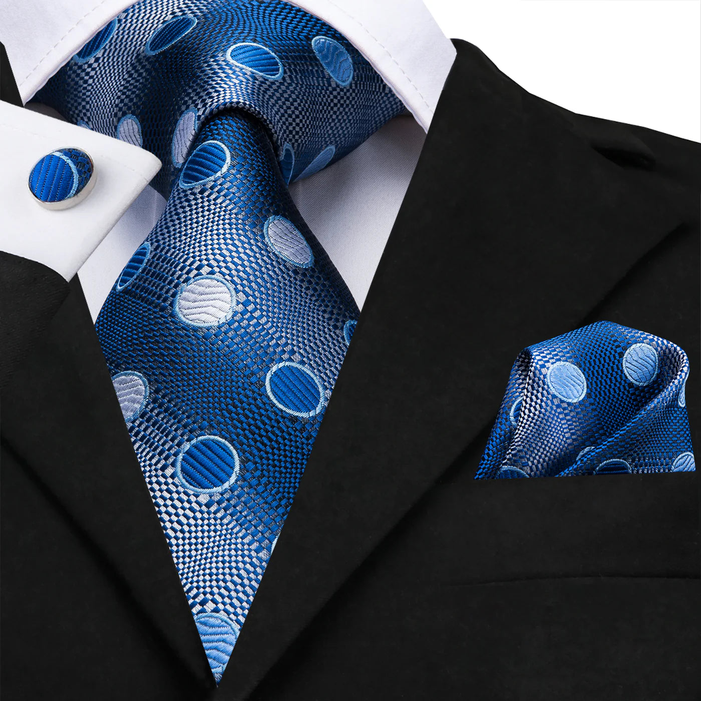 Royal Blue Polka Dot Silk Tie Set with Pocket Square & Cufflinks tie sets - Sophisticated Gentlemen