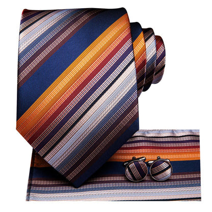 Navy, Copper & Burgundy Diagonal Striped Silk Tie, Pocket Square & Cufflinks Set