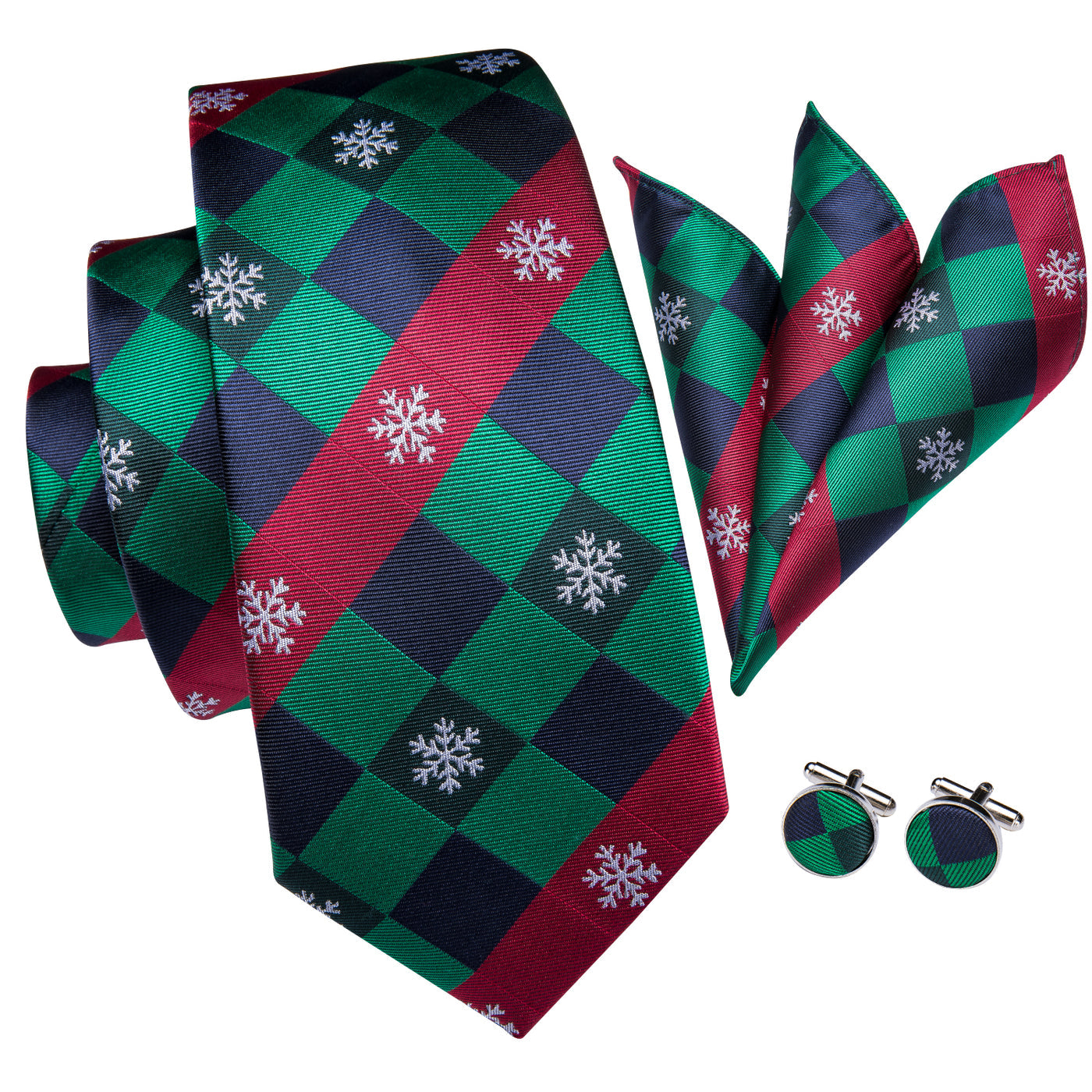 Green & Red Check Tie with Snowflake Motif, Pocket Square & Cufflinks Set