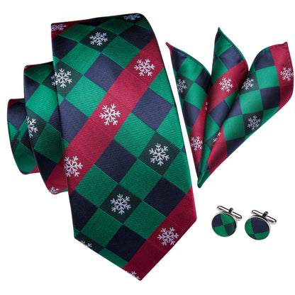 Green & Red Check Tie with Snowflake Motif, Pocket Square & Cufflinks Set