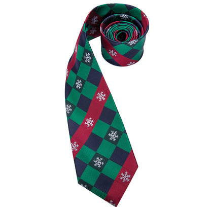 Green & Red Check Tie with Snowflake Motif, Pocket Square & Cufflinks Set