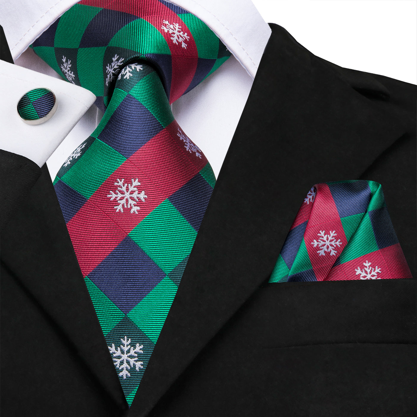 Green & Red Check Tie with Snowflake Motif, Pocket Square & Cufflinks Set