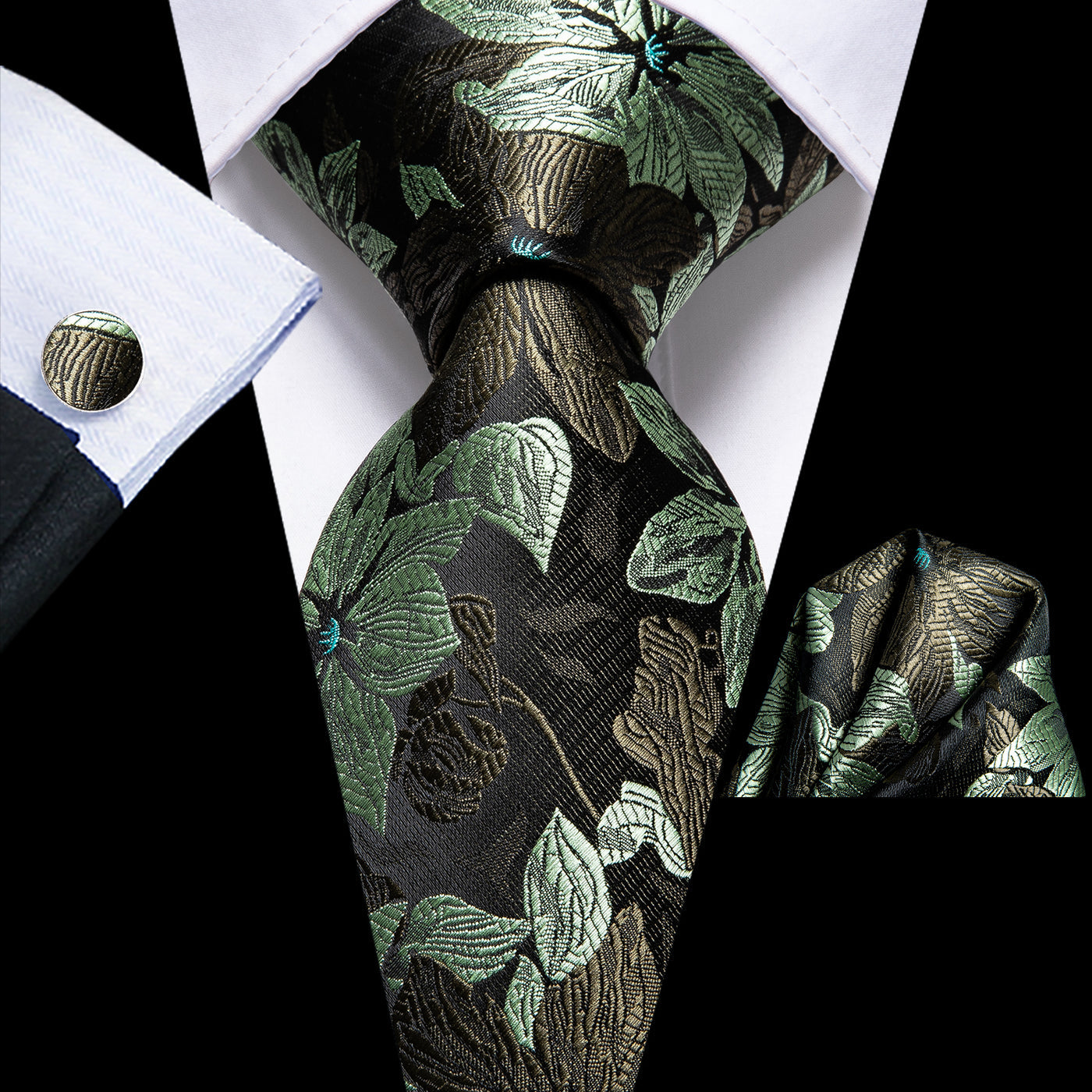 Black & Forest Green Floral Silk Tie, Pocket Square & Cufflinks Set