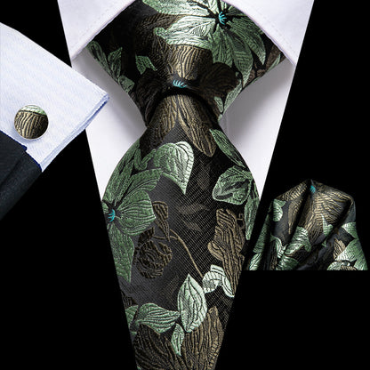 Black & Forest Green Floral Silk Tie, Pocket Square & Cufflinks Set